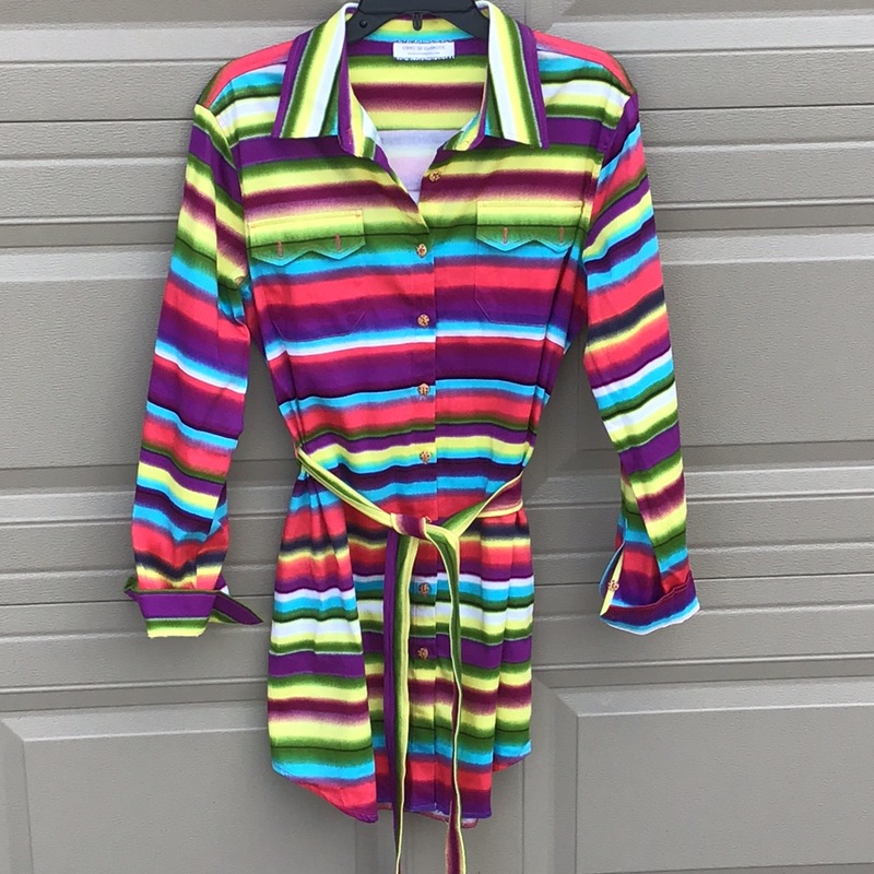 Western Bright Striped Tunic Shirt Dress Belted New